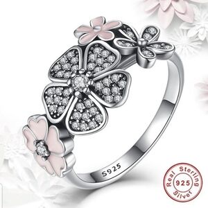 Sterling Silver  Flower Pave & Enameled Ring